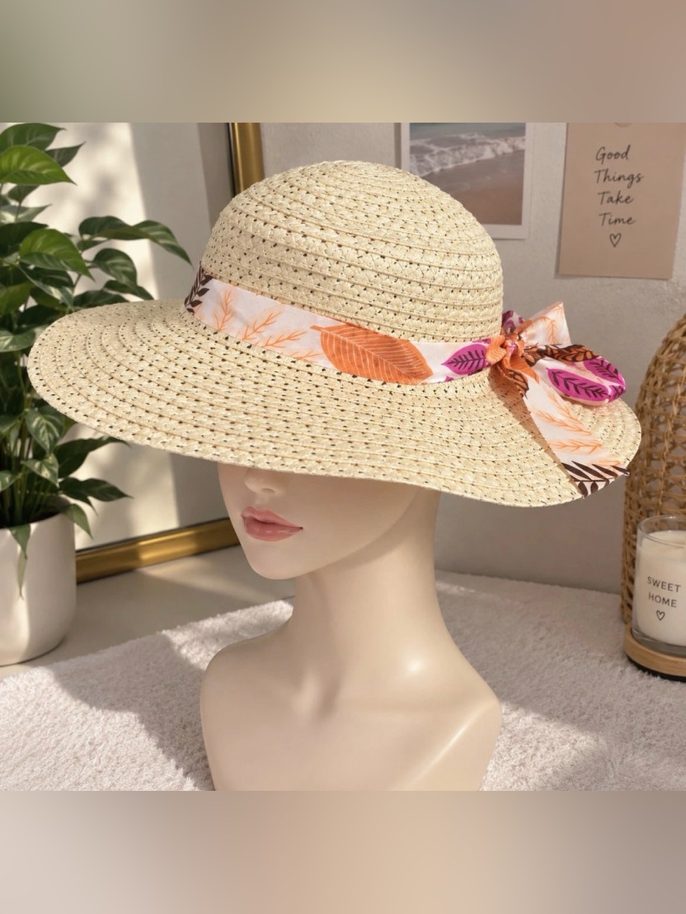 Juncture Straw Sun Hat with Floral Leaf Ribbon Wide Brim